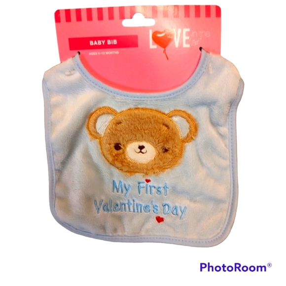 New My First Valentine's Day Baby Bib Boy Blue Love Bear Hearts Pastel Tan 1st - Picture 1 of 2